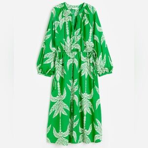 H&M Cotton Green & White Palm Leaf Tie Midi Maxi Long Sleeve Dress